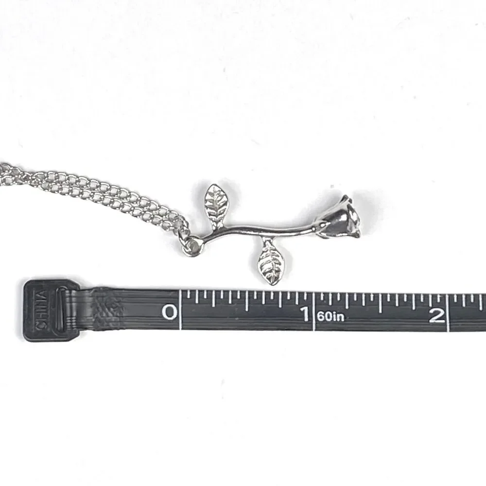 Silver Tone Flower Stem Pendant Necklace Rose Charm Feminine Retro Jewelry 20